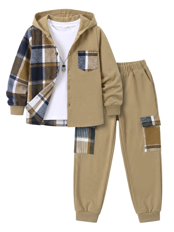 Boys Clothing Sets Plaid Color Block Hooded Button Jacket & Jogger Pants 2-Piece Casual Outfits for Kids 7-15 Years