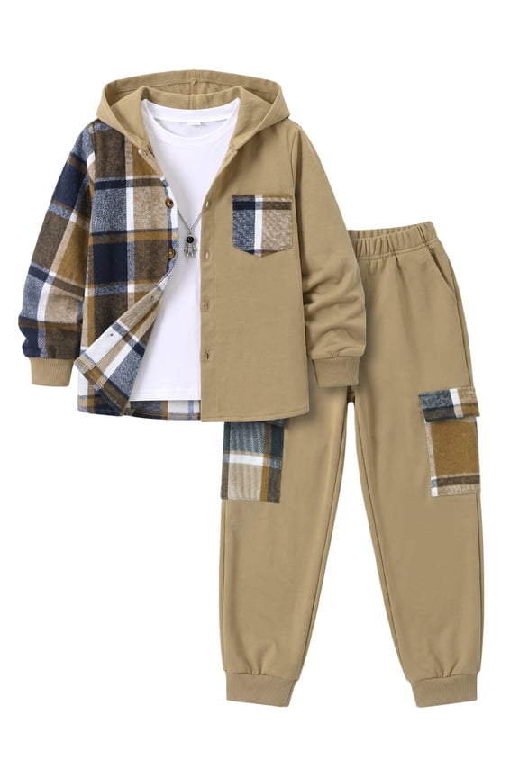 Boys Clothing Sets Plaid Color Block Hooded Button Jacket & Jogger Pants 2-Piece Casual Outfits for Kids 7-15 Years