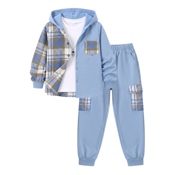 PureChapter Boys Clothing Sets Plaid Color Block Hooded Button Jacket & Jogger Pants 2-Piece Casual Outfits for Kids 7-15 Years