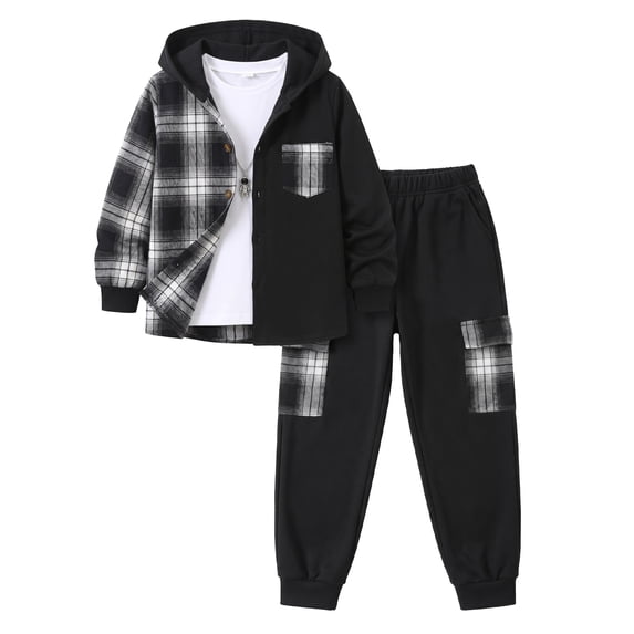 PureChapter Boys Clothing Sets Plaid Color Block Hooded Button Jacket & Jogger Pants 2-Piece Casual Outfits for Kids 7-15 Years