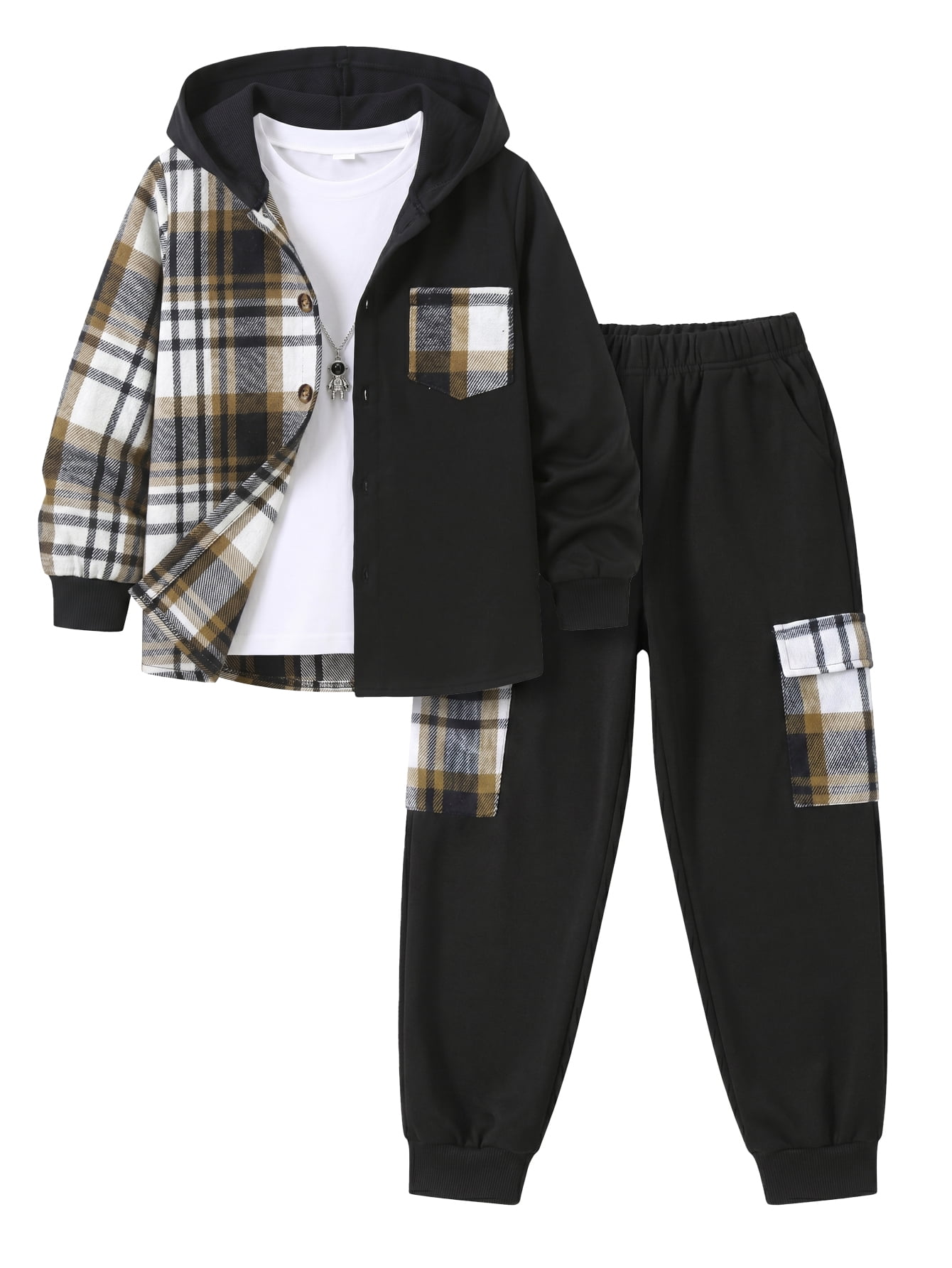 Boys Clothing Sets Plaid Color Block Hooded Button Jacket & Jogger Pants 2-Piece Casual Outfits for Kids 7-15 Years