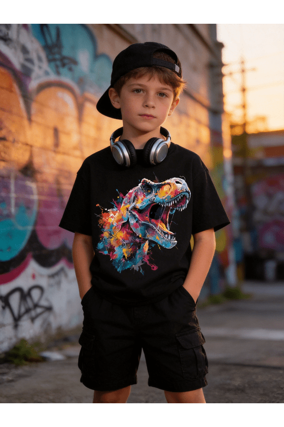 Boys Graphics Tee 8Y 9Y 10Y 11Y 12Y Boys Roaring Dinosaur Print Short Sleeve T-Shirt