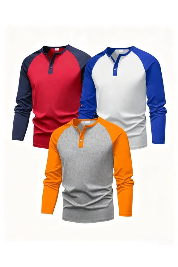 Boys T Shirts 3 Pack Raglan Long Sleeve Henley Color Block Half Button Casual T-shirt for Kids 7-15