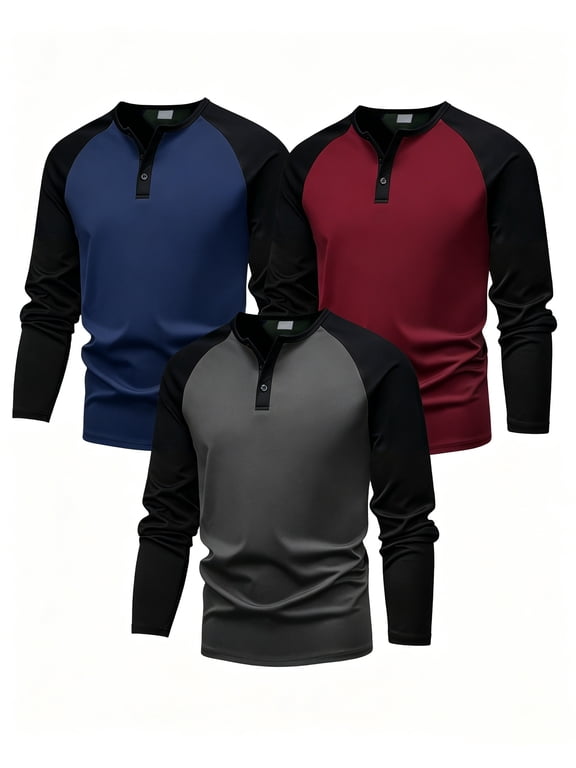 Boys T Shirts 3 Pack Raglan Long Sleeve Henley Color Block Half Button Casual T-shirt for Kids 7-15