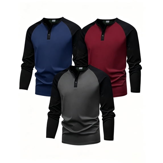 PureChapter Boys T Shirts 3 Pack Raglan Long Sleeve Henley Color Block Half Button Casual T-shirt for Kids 7-15