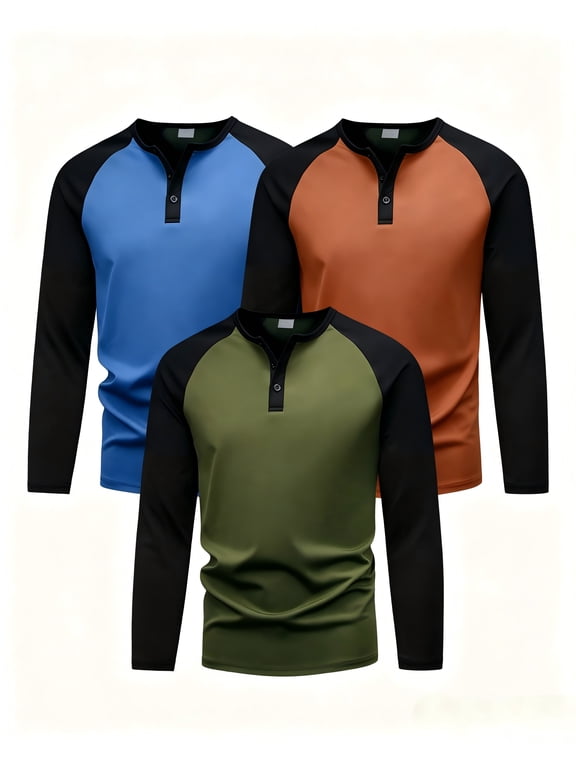 Boys T Shirts 3 Pack Raglan Long Sleeve Henley Color Block Half Button Casual T-shirt for Kids 7-15