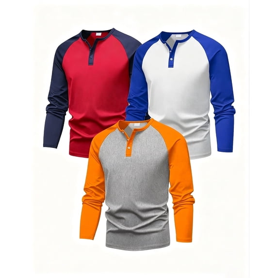 PureChapter Boys T Shirts 3 Pack Raglan Long Sleeve Henley Color Block Half Button Casual T-shirt for Kids 7-15
