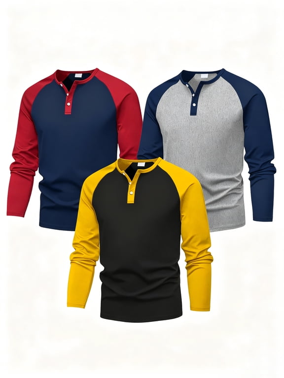 Boys T Shirts 3 Pack Raglan Long Sleeve Henley Color Block Half Button Casual T-shirt for Kids 7-15
