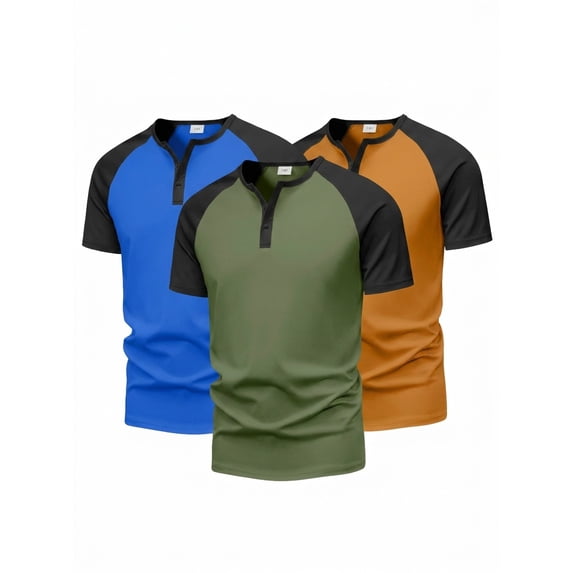 PureChapter Boys T Shirts Short Sleeve Henley Shirts Color Block Casual Summer Tee 3-Pack Size 7-8