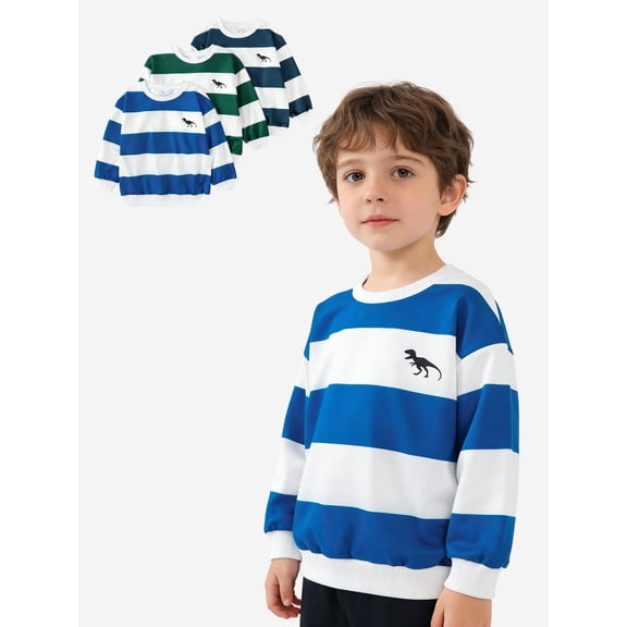 PureChapter Boys T Shirts Toddler Boys Tshirts 3 Pack Long Sleeve Crewneck Striped Dinosaur Print Casual Tops for 4-8 Years