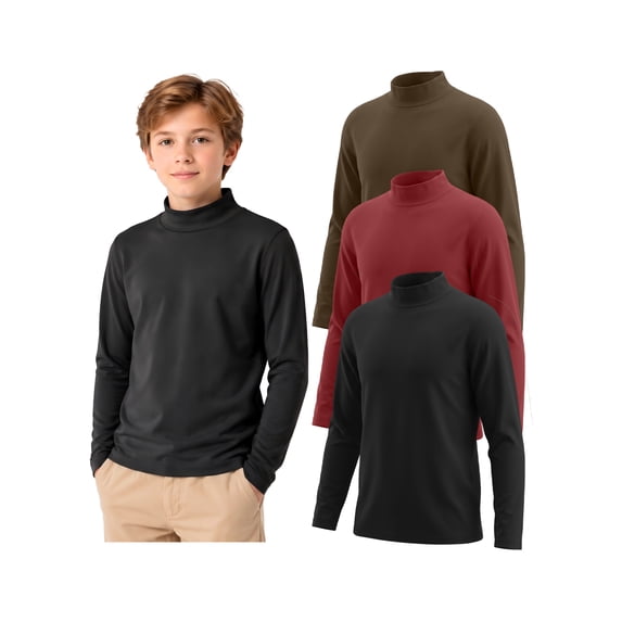 PureChapter Boys Thermal Shirt 3-Pack, Boys Undershirts, Solid Color Turtleneck Long Sleeve Base Layer Tees for Kids 7-15Y