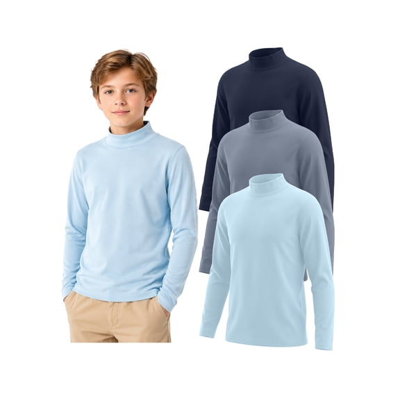 PureChapter Boys Thermal Shirt 3-Pack, Boys Undershirts, Solid Color Turtleneck Long Sleeve Base Layer Tees for Kids 7-15Y