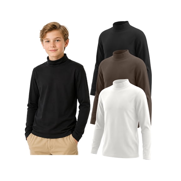 PureChapter Boys Thermal Shirt 3-Pack, Boys Undershirts, Solid Color Turtleneck Long Sleeve Base Layer Tees for Kids 7-15Y
