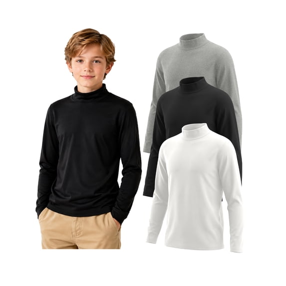 PureChapter Boys Thermal Shirt 3-Pack, Boys Undershirts, Solid Color Turtleneck Long Sleeve Base Layer Tees for Kids 7-15Y