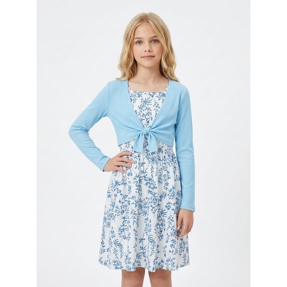 PureChapter Girls 2 Piece Floral Dress with Tie Front Cardigan, Long Sleeve A-Line Dress Set, Light Blue