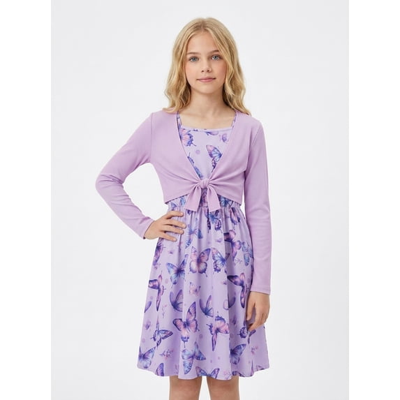 PureChapter Girls 2 Piece Floral Dress with Tie Front Cardigan, Long Sleeve A-Line Dress Set, Purple