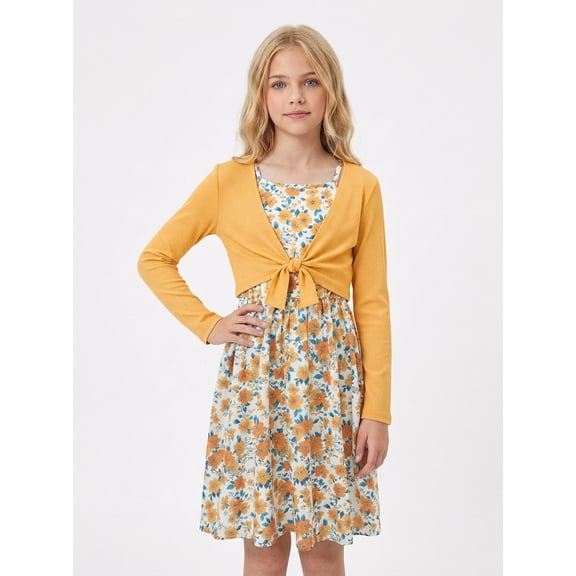 PureChapter Girls 2 Piece Floral Dress with Tie Front Cardigan, Long Sleeve A-Line Dress Set, Yellow