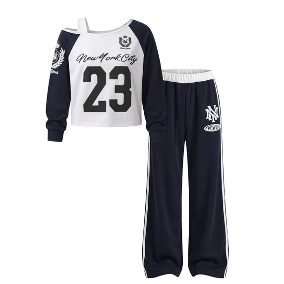 PureChapter Girls 2 Piece Outfit Sets Printed Cold Shoulder Long Sleeve Top & Side Strip Pants Casual Tracksuit for Teen Girls 7-14 Years Old