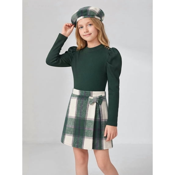 PureChapter Girls 3 Piece Outfit Set, Puff Long Sleeve Ribbed Top, Plaid Bow A-Line Skirt & Matching Beret Hat Vintage Preppy Clothes for Teen Girls 6-14 Years
