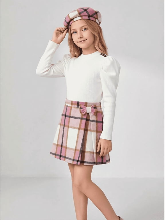 Girls 3 Piece Outfit Set, Puff Long Sleeve Ribbed Top, Plaid Bow A-Line Skirt & Matching Beret Hat Vintage Preppy Clothes for Teen Girls 6-14 Years