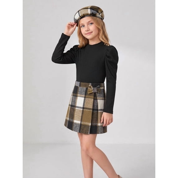 PureChapter Girls 3 Piece Outfit Set, Puff Long Sleeve Ribbed Top, Plaid Bow A-Line Skirt & Matching Beret Hat Vintage Preppy Clothes for Teen Girls 6-14 Years