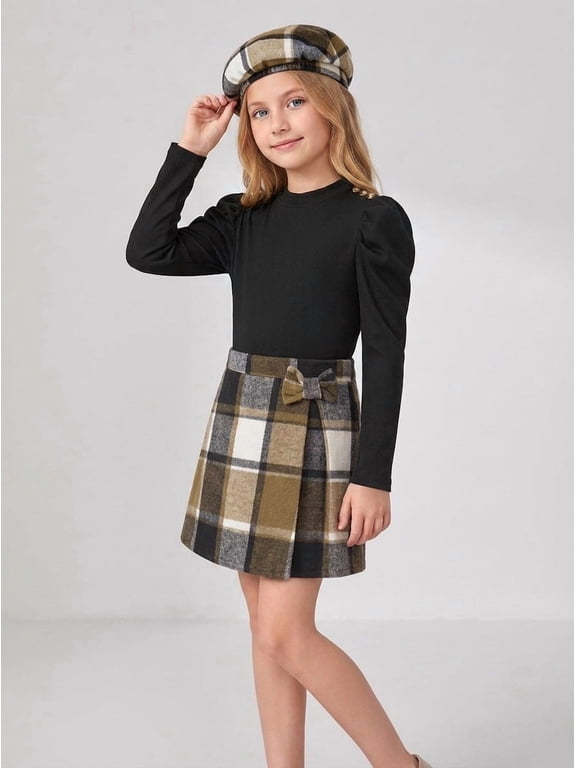Girls 3 Piece Outfit Set, Puff Long Sleeve Ribbed Top, Plaid Bow A-Line Skirt & Matching Beret Hat Vintage Preppy Clothes for Teen Girls 6-14 Years