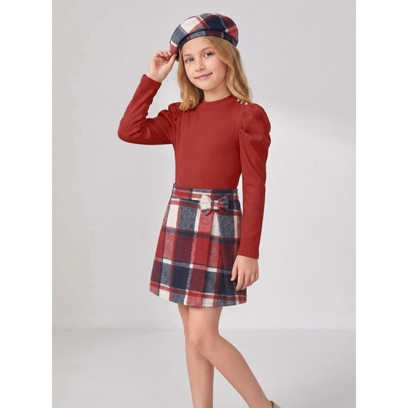 PureChapter Girls 3 Piece Outfit Set, Puff Long Sleeve Ribbed Top, Plaid Bow A-Line Skirt & Matching Beret Hat Vintage Preppy Clothes for Teen Girls 6-14 Years