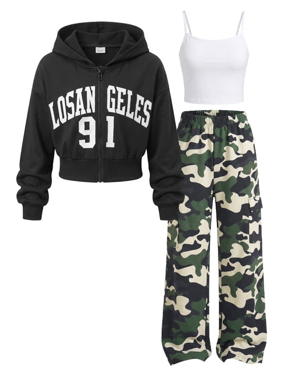 Girls 3 Piece Outfit Sets Letter Print Zip Up Hoodie, White Spaghetti Strap Cami Tank Top & Camo Cargo Wide Leg Pants Casual Tracksuit for 7-14Y