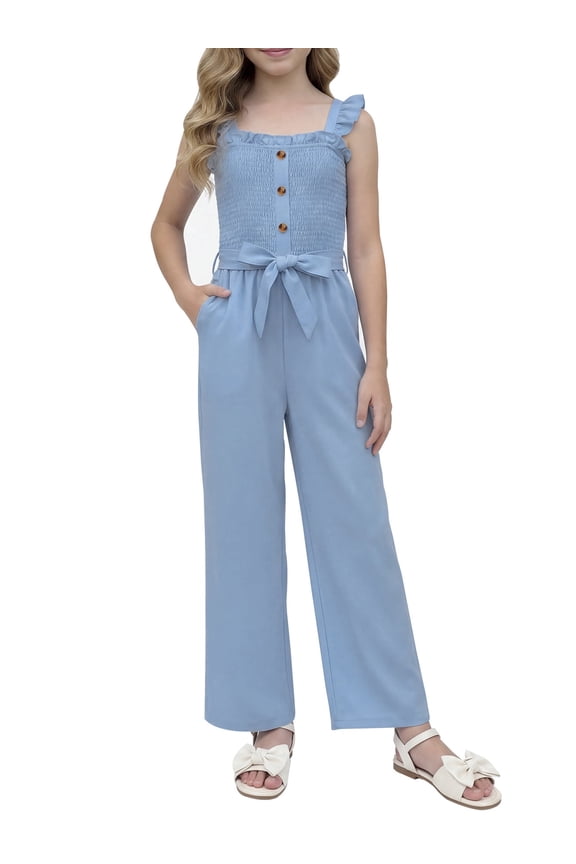 Girls Romper Girls Jumpsuit Solid Color Ruffle Strap Smocked Jumpsuit with Belt & Pockets 5-12Y