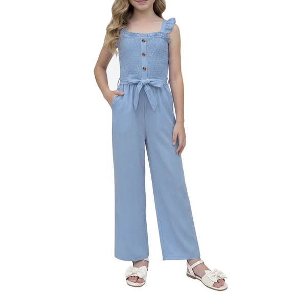 PureChapter Girls Romper Girls Jumpsuit Solid Color Ruffle Strap Smocked Jumpsuit with Belt & Pockets 5-12Y