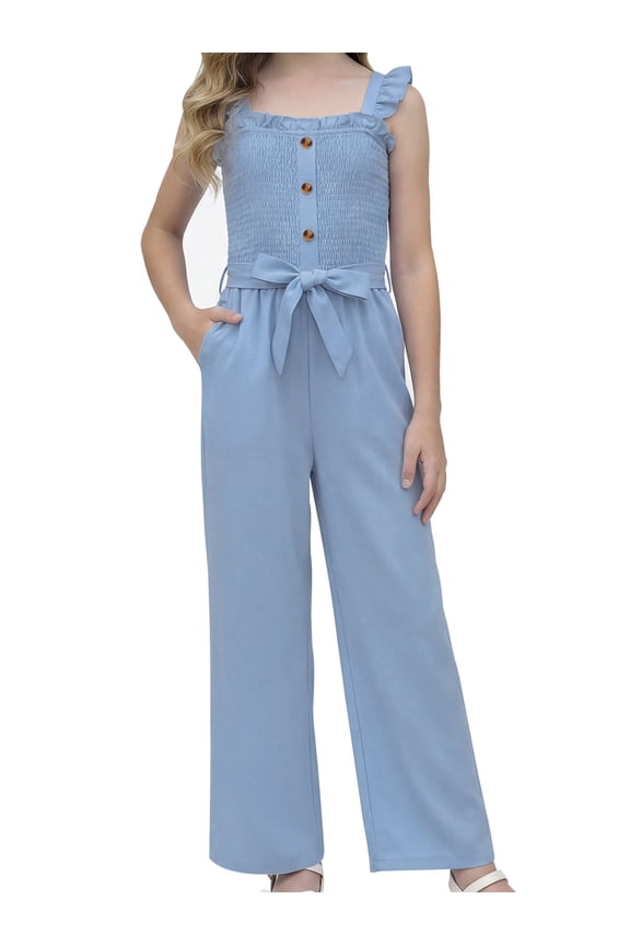 Girls Romper Girls Jumpsuit Solid Color Ruffle Strap Smocked Jumpsuit with Belt & Pockets 5-12Y
