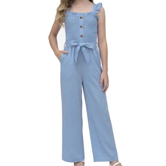 PureChapter Girls Romper Girls Jumpsuit Solid Color Ruffle Strap Smocked Jumpsuit with Belt & Pockets 5-12Y