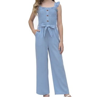 PureChapter Girls Romper Girls Jumpsuit Solid Color Ruffle Strap Smocked Jumpsuit with Belt & Pockets 5-12Y