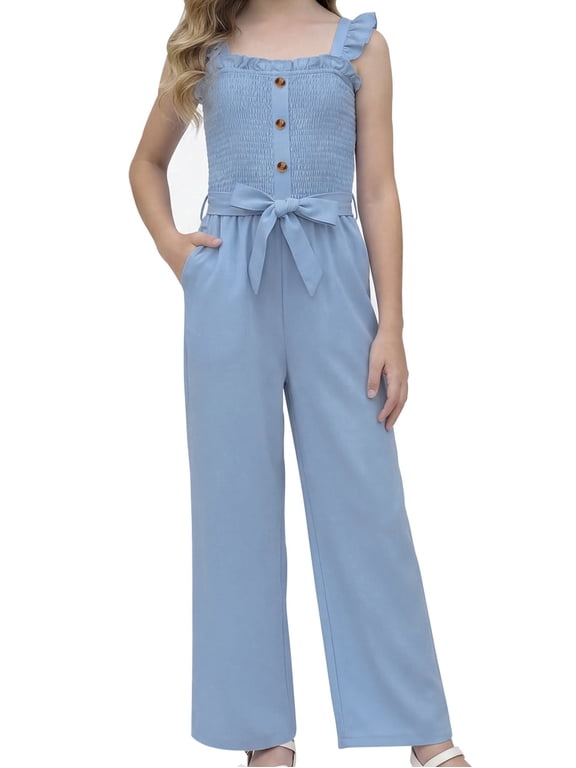 Girls Romper Girls Jumpsuit Solid Color Ruffle Strap Smocked Jumpsuit with Belt & Pockets 5-12Y