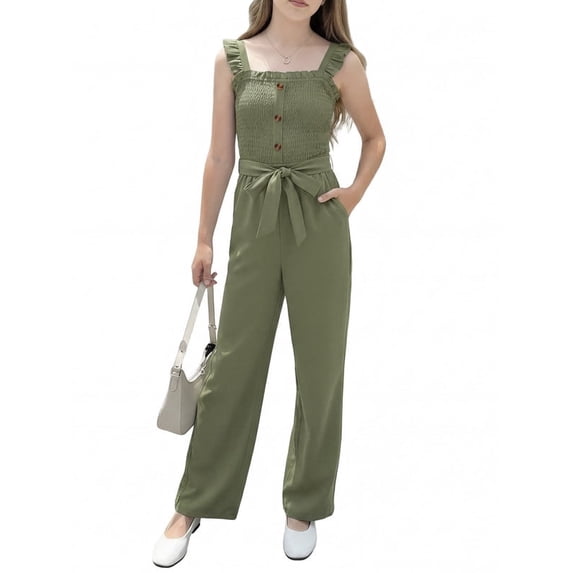 PureChapter Girls Romper Girls Jumpsuit Solid Color Ruffle Strap Smocked Jumpsuit with Belt & Pockets 5-12Y