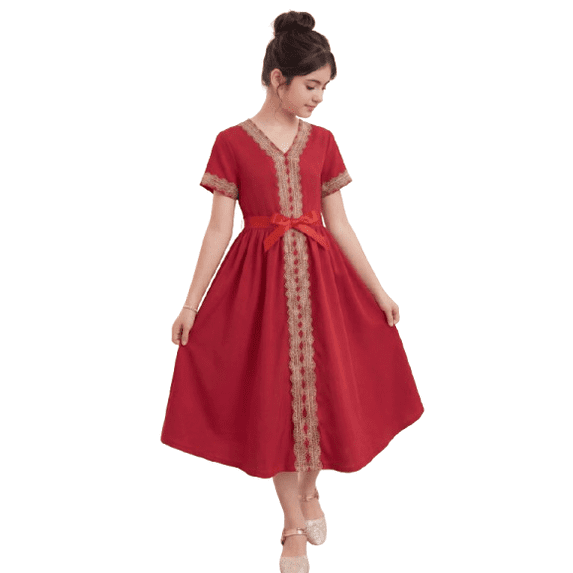 PureChapter Girls 8-12 Years Red V-Neck Ethnic Lace Trim Short Sleeve Flare Dress with Belt – Perfect for Special Occasions