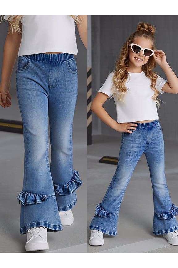 Girls Casual Jeans Ruffled Hem Bell-Bottom Girls Jeans,Light Blue
