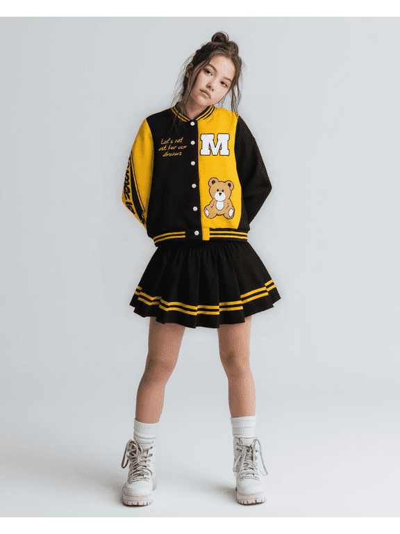 Girls Clothes Cartoon Bear Letter Print Color Block Varsity Jacket & Striped Pleated Skirt 2 Piece Outfits for 7-14