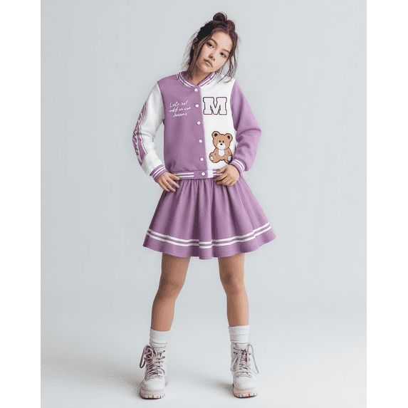 PureChapter Girls Clothes Cartoon Bear Letter Print Color Block Varsity Jacket & Striped Pleated Skirt 2 Piece Outfits for 7-14