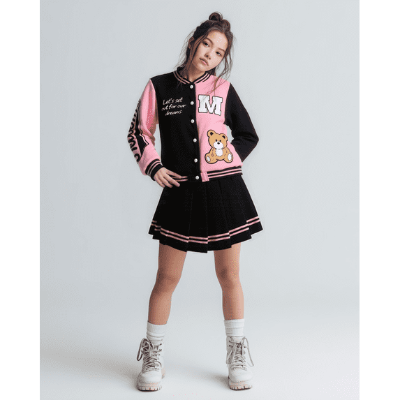 PureChapter Girls Clothes Cartoon Bear Letter Print Color Block Varsity Jacket & Striped Pleated Skirt 2 Piece Outfits for 7-14