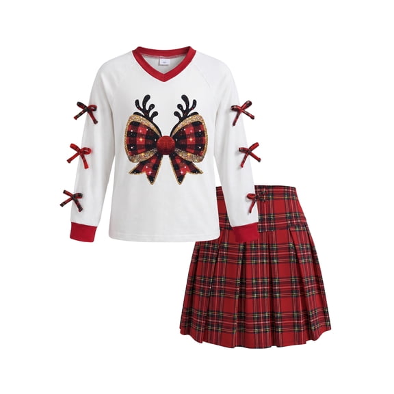 PureChapter Girls Clothes Christmas 2‑Piece Outfit, Reindeer Bow Print Long Sleeve V‑Neck Top with Plaid Pleated Skirt Set for 8 Years Old
