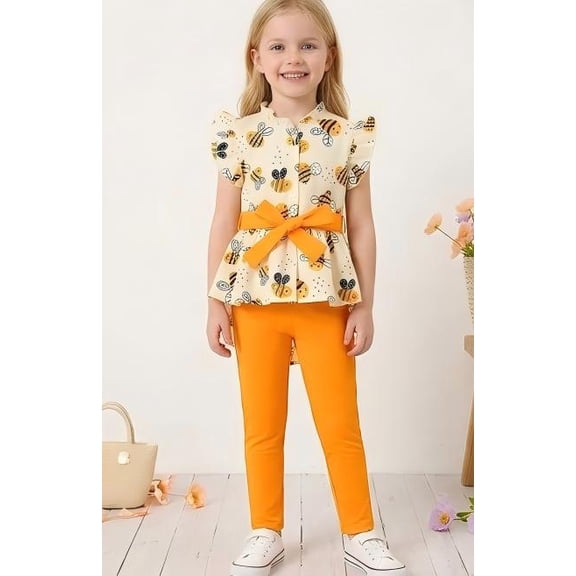 PureChapter Girls' Clothing Sets Bee Print Ruffle Sleeve Top & Solid Pants Casual Summer 2-Piece Outfit
