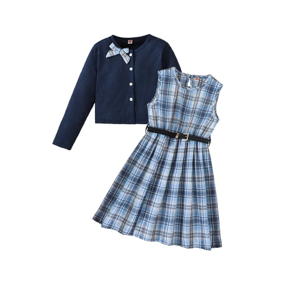 PureChapter Girls' Clothing Sets Long Sleeve Ribbed Cardigan & Plaid Sleeveless Pleated Dress 2-Piece Fall Outfit with Belt & Bow 11-12 Years