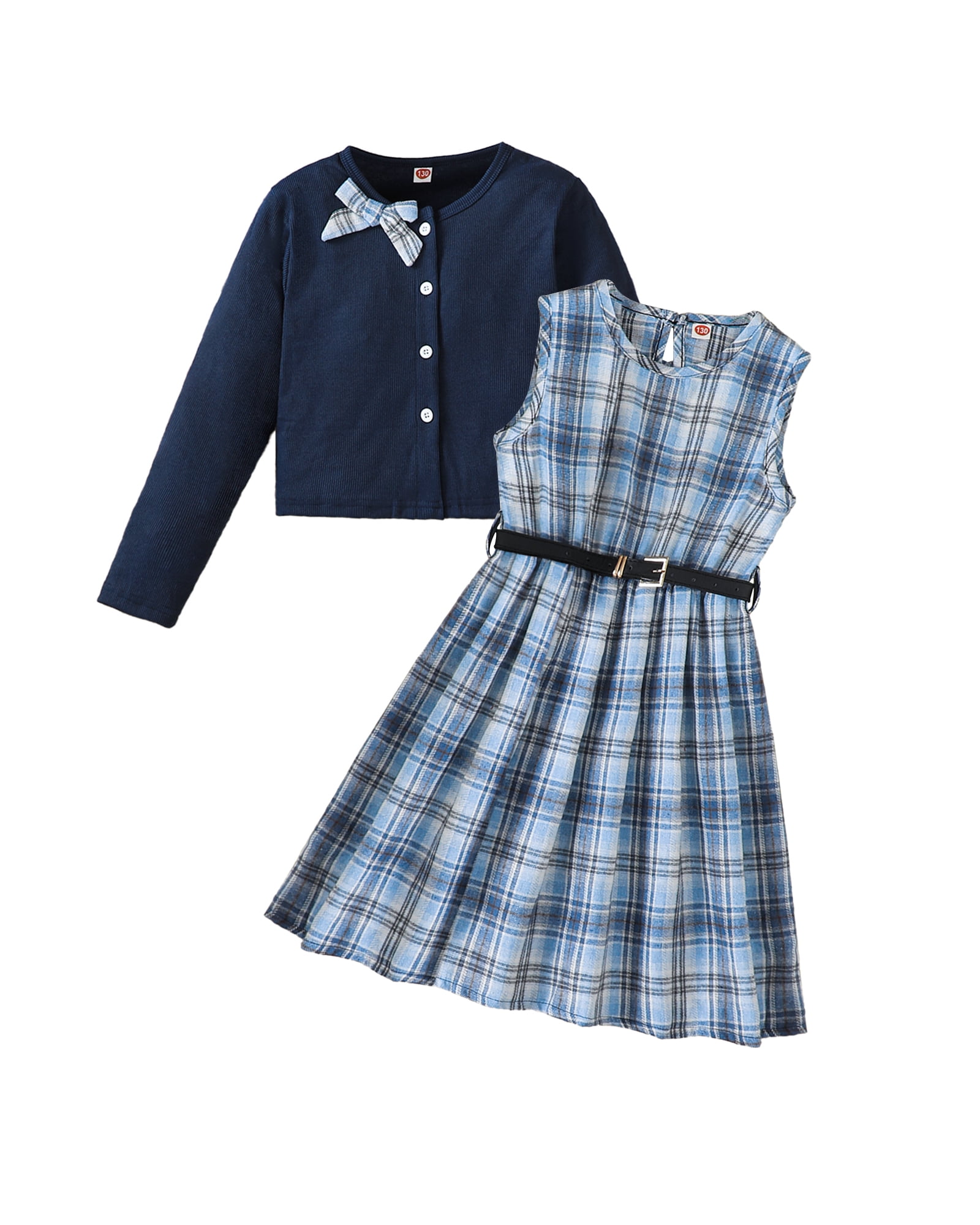 Girls' Clothing Sets Long Sleeve Ribbed Cardigan & Plaid Sleeveless Pleated Dress 2-Piece Fall Outfit with Belt & Bow 11-12 Years