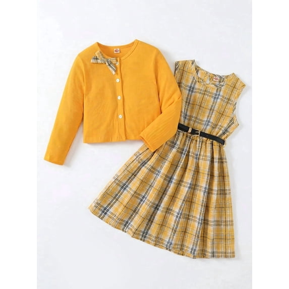 PureChapter Girls' Clothing Sets Long Sleeve Ribbed Cardigan & Plaid Sleeveless Pleated Dress 2-Piece Fall Outfit with Belt & Bow 13-14 Years