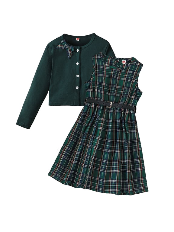 Girls' Clothing Sets Long Sleeve Ribbed Cardigan & Plaid Sleeveless Pleated Dress 2-Piece Fall Outfit with Belt & Bow 13-14 Years