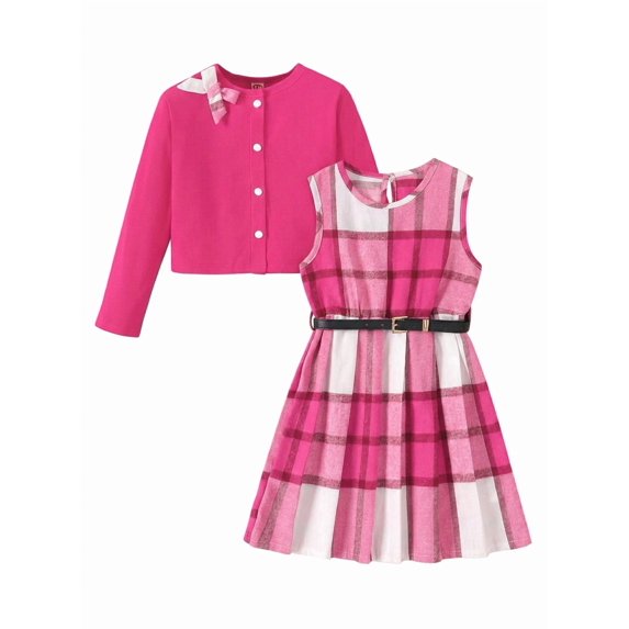 PureChapter Girls' Clothing Sets Long Sleeve Ribbed Cardigan & Plaid Sleeveless Pleated Dress 2-Piece Fall Outfit with Belt & Bow 7-8 Years