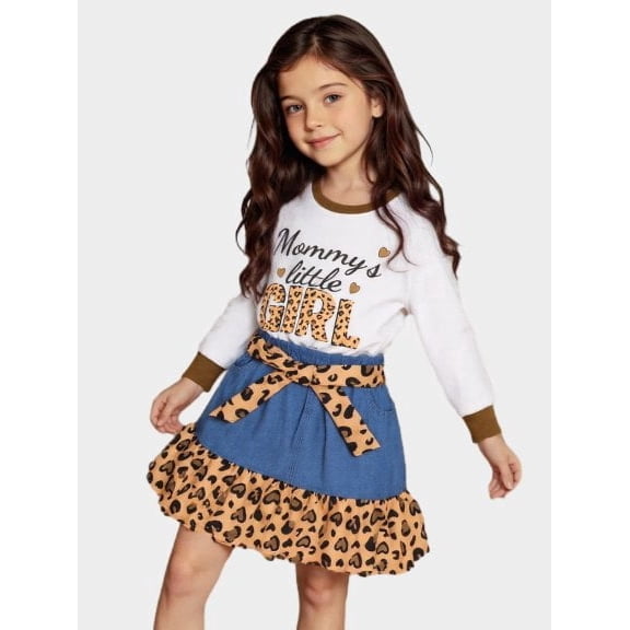 PureChapter Girls' Clothing Sets "Mommy's Little Girl" Long Sleeve Tops Leopard Print Ruffle Skirt Set, Cute Casual Outfits for Daily Wear