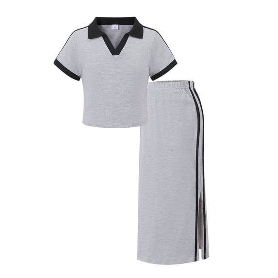 PureChapter Girls' Clothing Sets Short Sleeve Polo Crop Tops Slit Maxi Skirt Cotton 2 Piece Casual Girls Summer Outfits