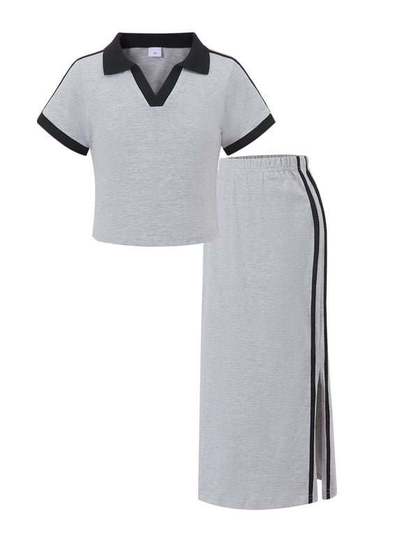 Girls' Clothing Sets Short Sleeve Polo Crop Tops Slit Maxi Skirt Cotton 2 Piece Casual Girls Summer Outfits